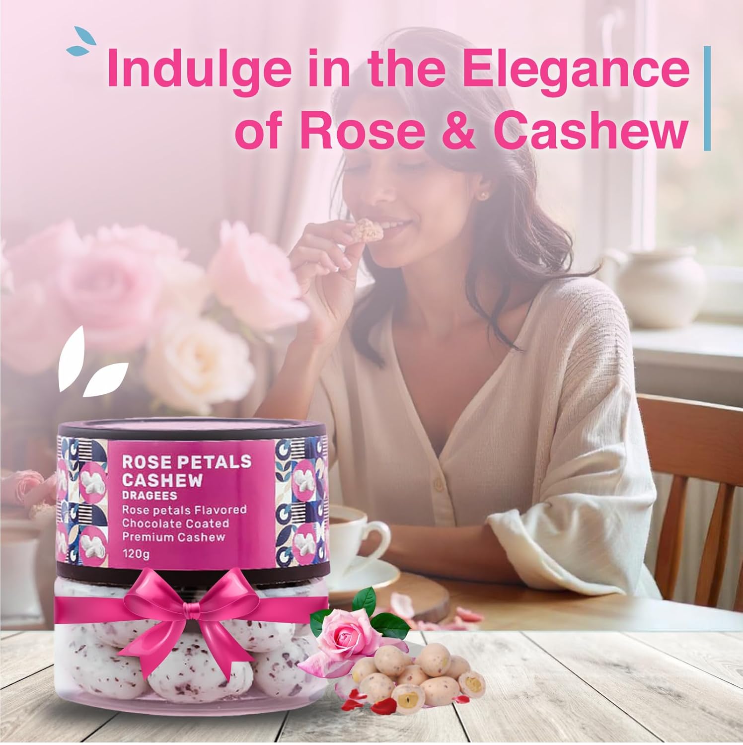 Oracle Nuts & Berry Rose Petals Cashew Dragees – 120gm | Premium Chocolate Coated Cashews with Rose Petals Flavor