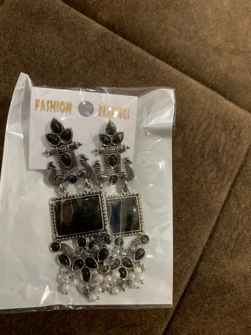 Oxidised Silver Peacock Earrings with Black Stones and Pearl Drops for Women Girls