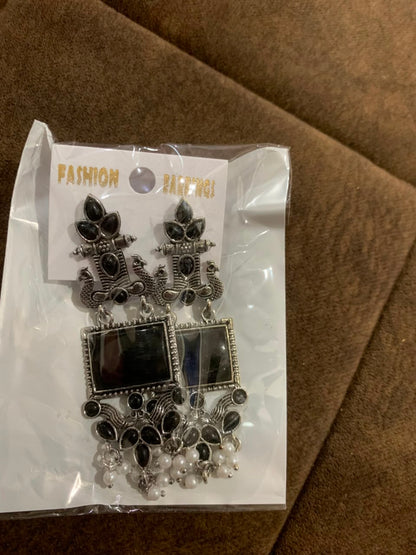 Oxidised Silver Peacock Earrings with Black Stones and Pearl Drops for Women Girls