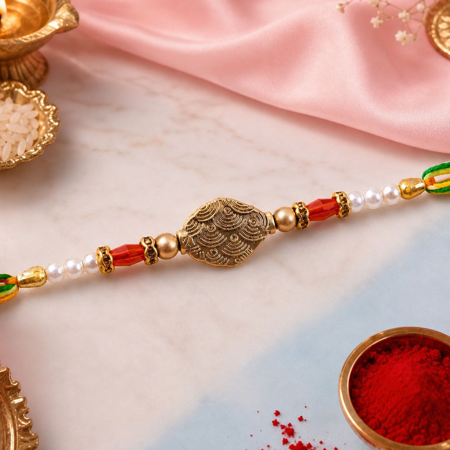 A Rakhi with a central antique gold oval charm, flanked by red crystal and white pearl beads, on a pink and white background