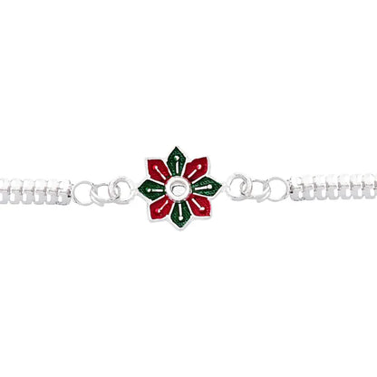 Elegant silver floral rakhi with a small protective pouch