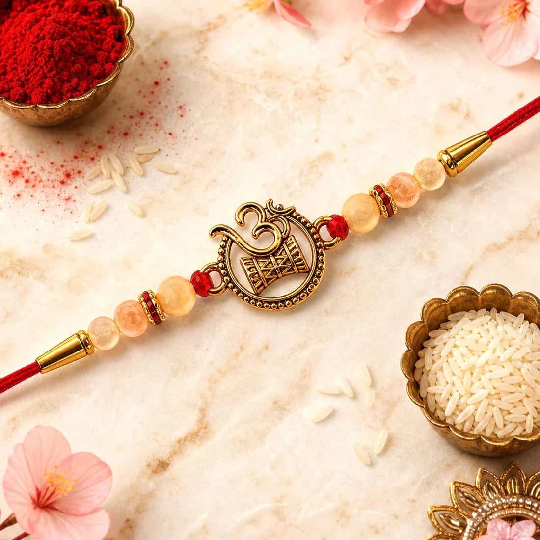 Om Swastik Rakhi Golden Motif with Pearl Beads for Brother (25pcs)