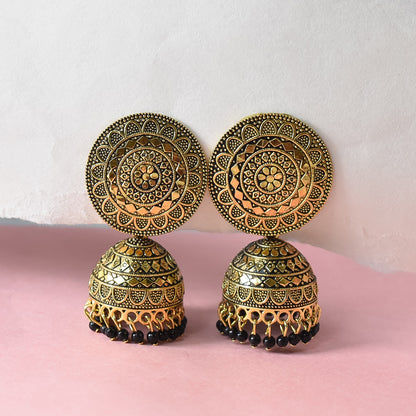 Elegant Gold-Coloured Jhumka Earrings with Intricate Design