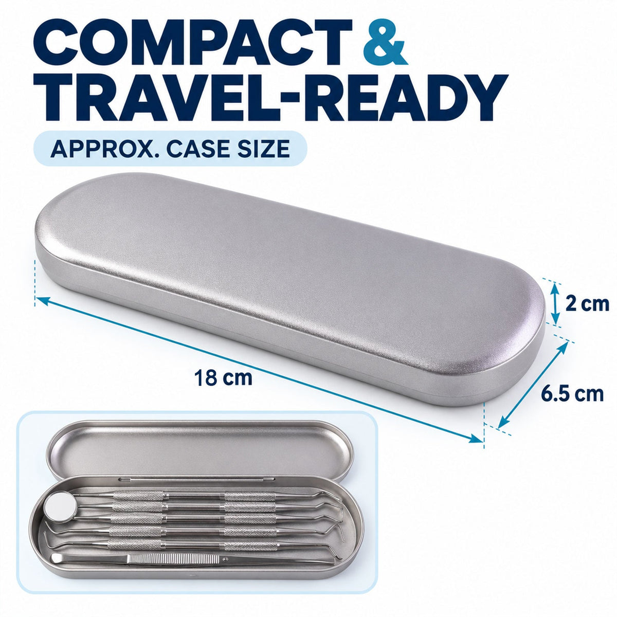 The compact metal travel case for the dental tools, displayed with its dimensions of 18 cm length, 6.5 cm width, and 2 cm