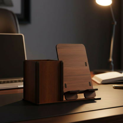 Side view of wooden desk organizer on office desk