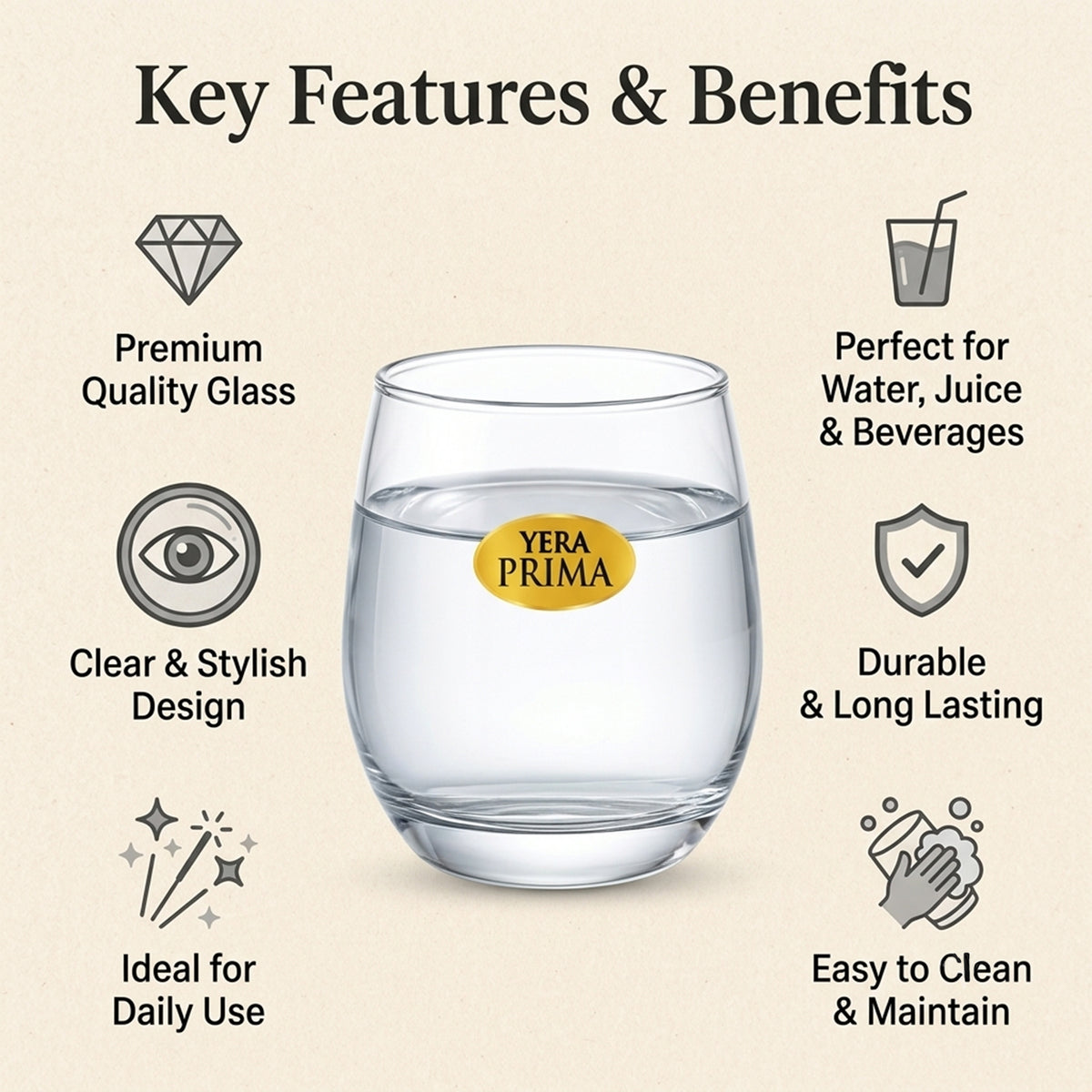 Yera Prima Bonn Clear Glass Tumbler Set for Water, Juice and Drinks (6 Pc)