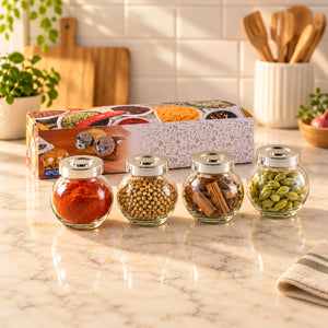 Clear Glass Kitchen Spice Storage Jars with Silver-Tone Lids (4 Pc Set)