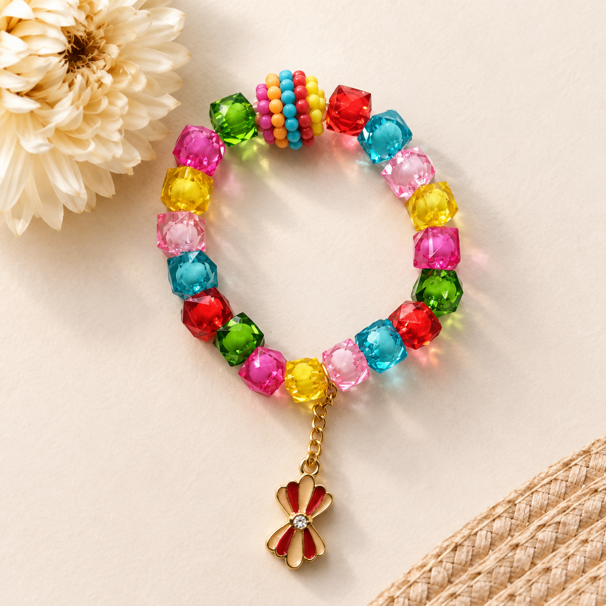 A bright beaded bracelet with a textured, multi-colored bead and a red and gold bow charm on a light surface.