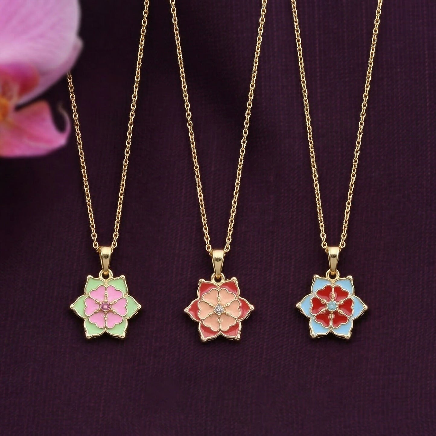 Elegant Floral Gold Pendant Necklaces with Colorful Enamel Design Combo set