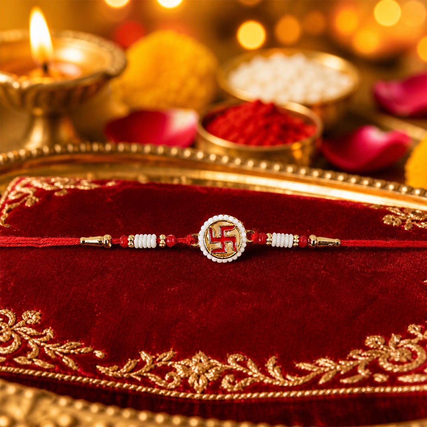 Swastik Pearl Frame Rakhi Traditional Tie for Brothers (5pcs)
