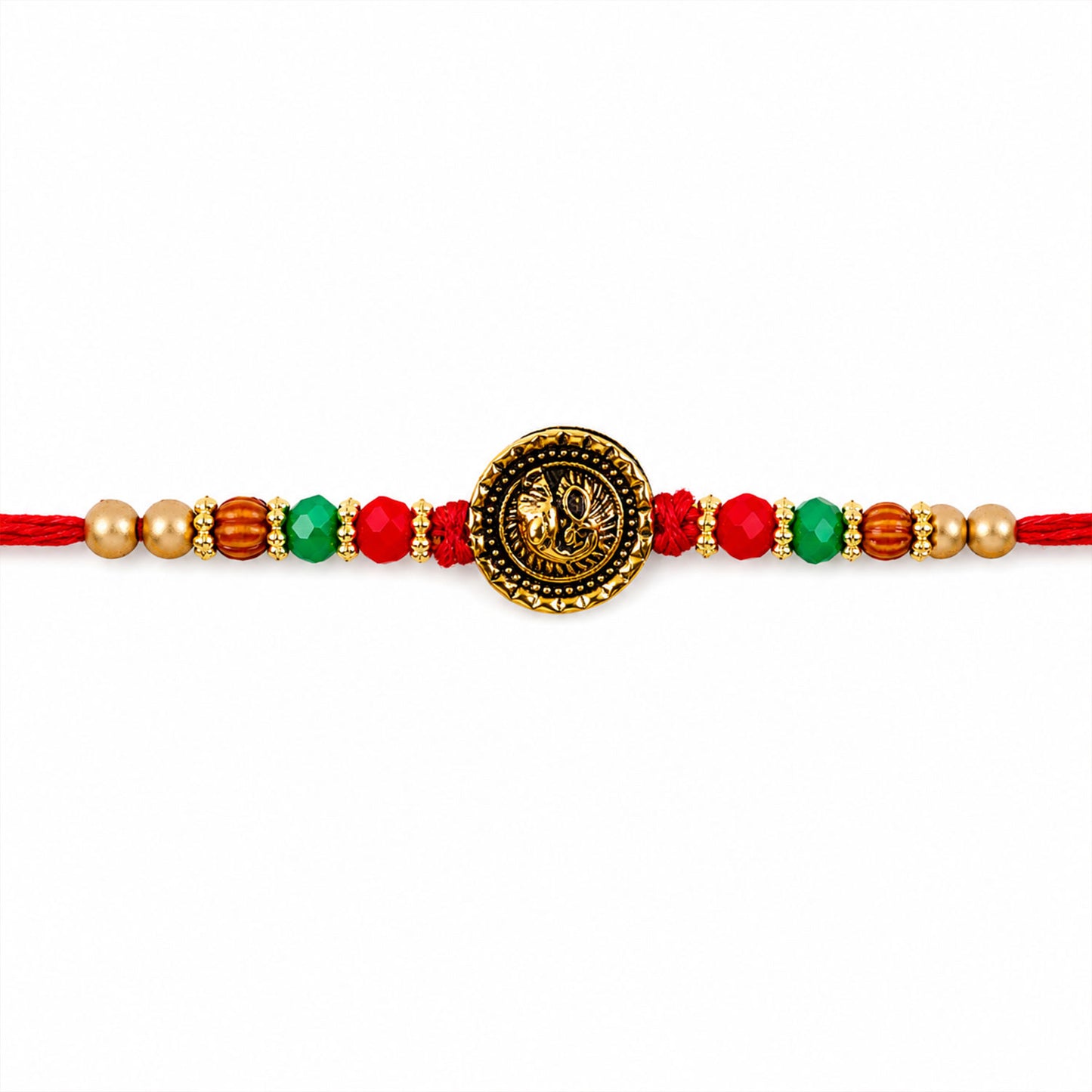 Ganesha Golden Medallion Devotional Rakhi with Red Green Beads and Festive Thread