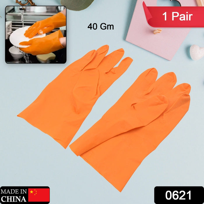 0621 Multipurpose Rubber Reusable Cleaning Gloves, Reusable Rubber Hand Gloves I Latex Safety Gloves I for Washing I Cleaning Kitchen I Gardening I Sanitation I Wet and Dry Use Orange Gloves (1 Pair 40 Gm)