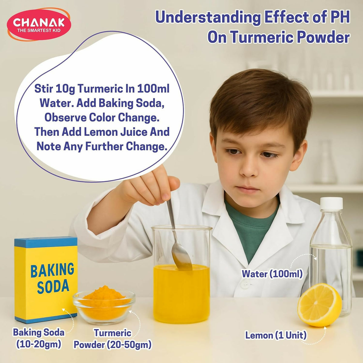 A child in a lab coat stirs a yellow liquid in a beaker, with baking soda, turmeric, water, and a lemon on the table.
