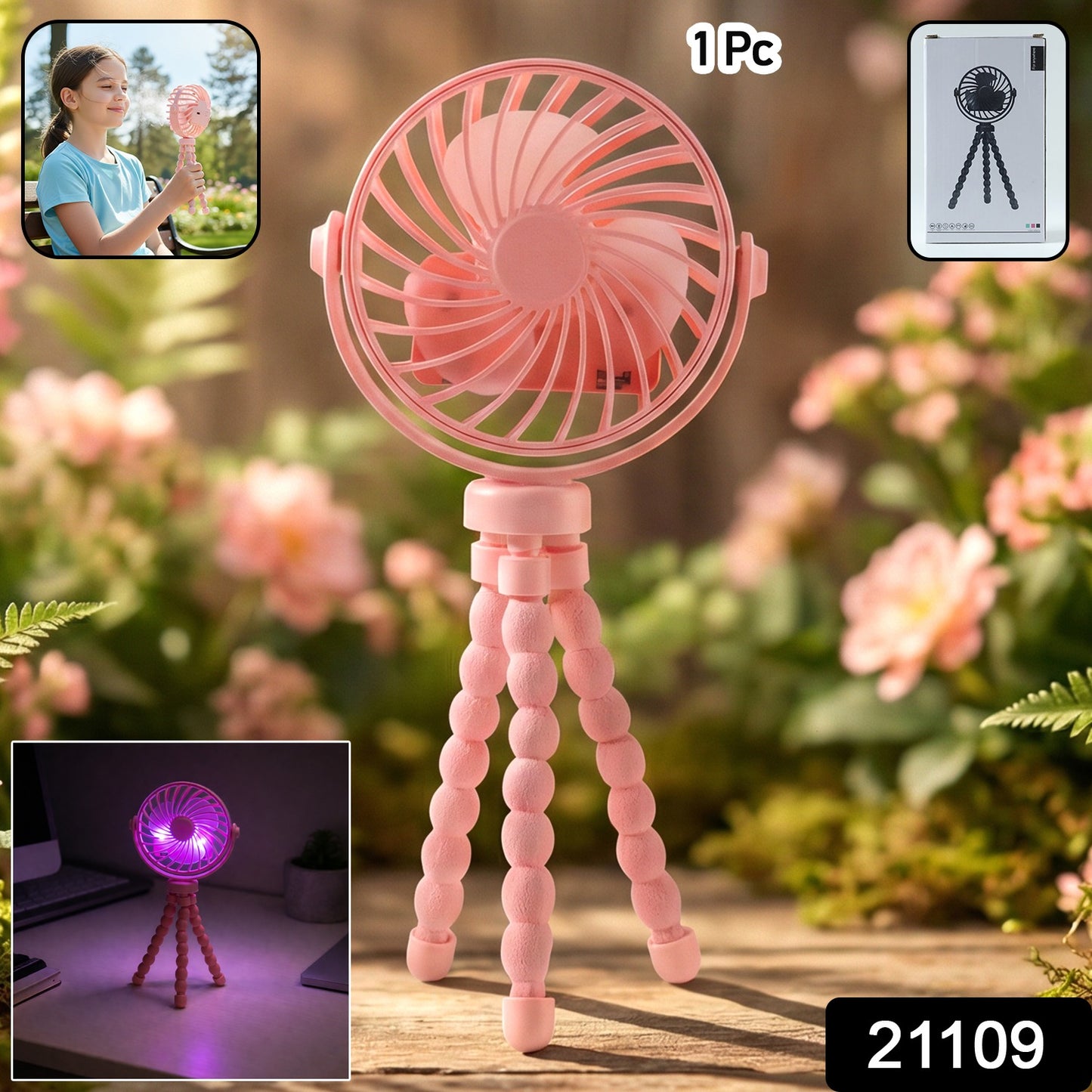 Compact mini fan with LED light for personal use