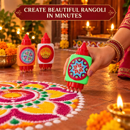 A hand holding a green rangoli bottle with a red stamping base, creating a colorful rangoli pattern on the floor.