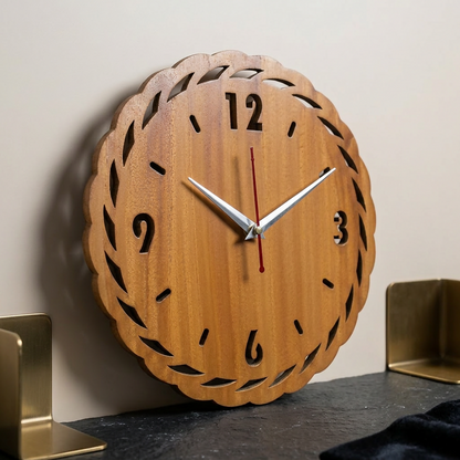 Close-up of Modern Orbit clock's natural wood grain & silent movement