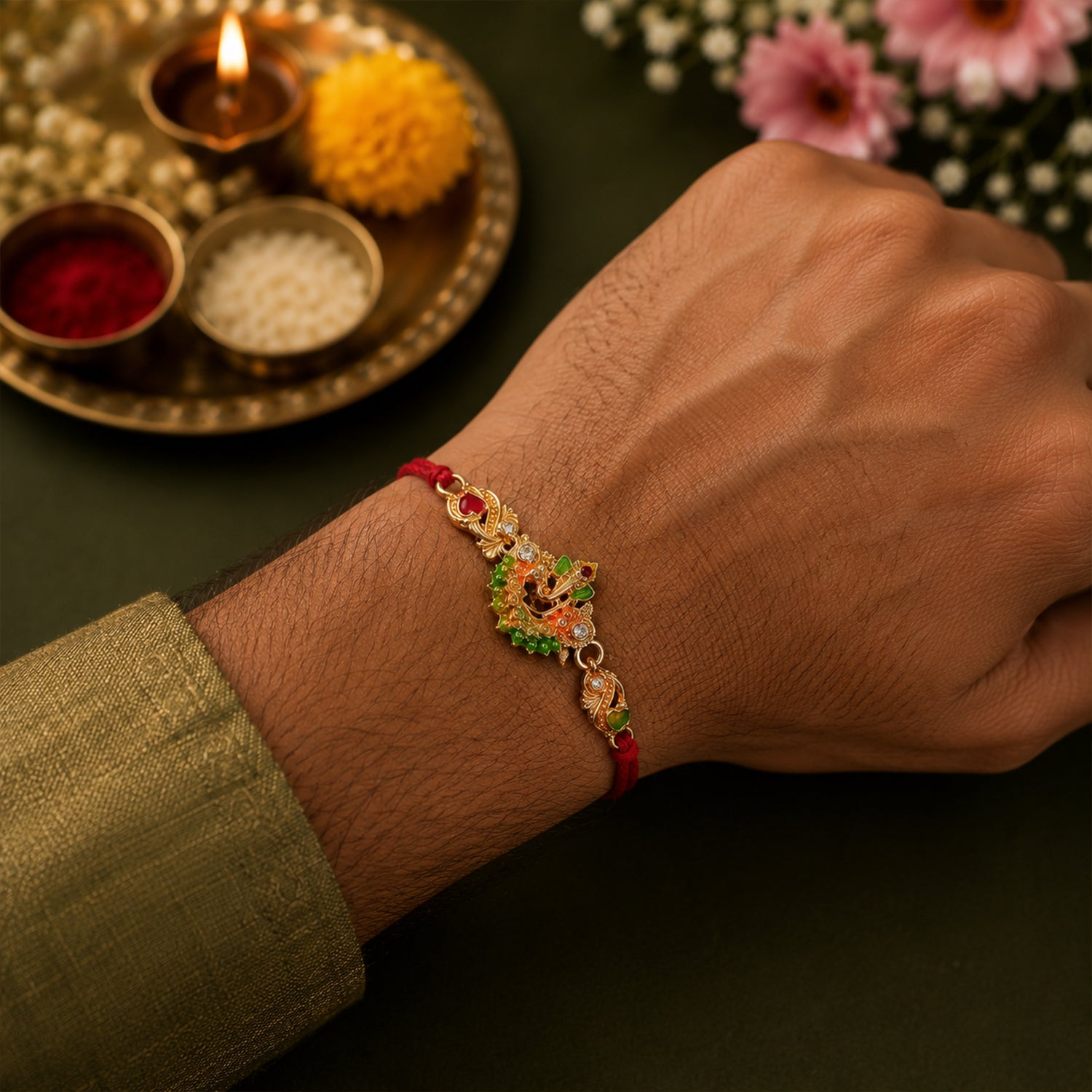 Gold-Toned Lord Ganesha Rakhi with Orange-Green Enamel, Crystal Accents & Red Thread