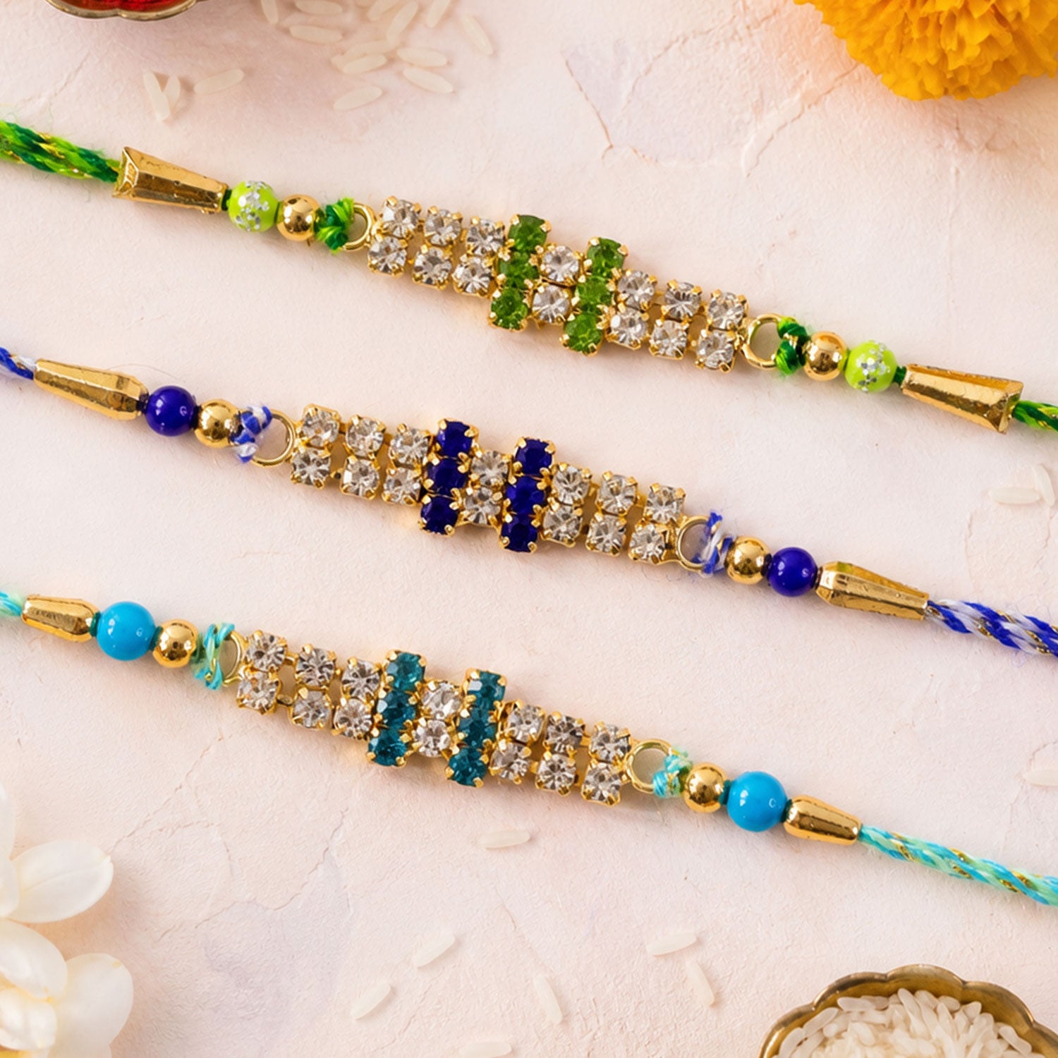 Twin Stone Band Rakhi in Mix Colour Silk Threads (Pack of 6)