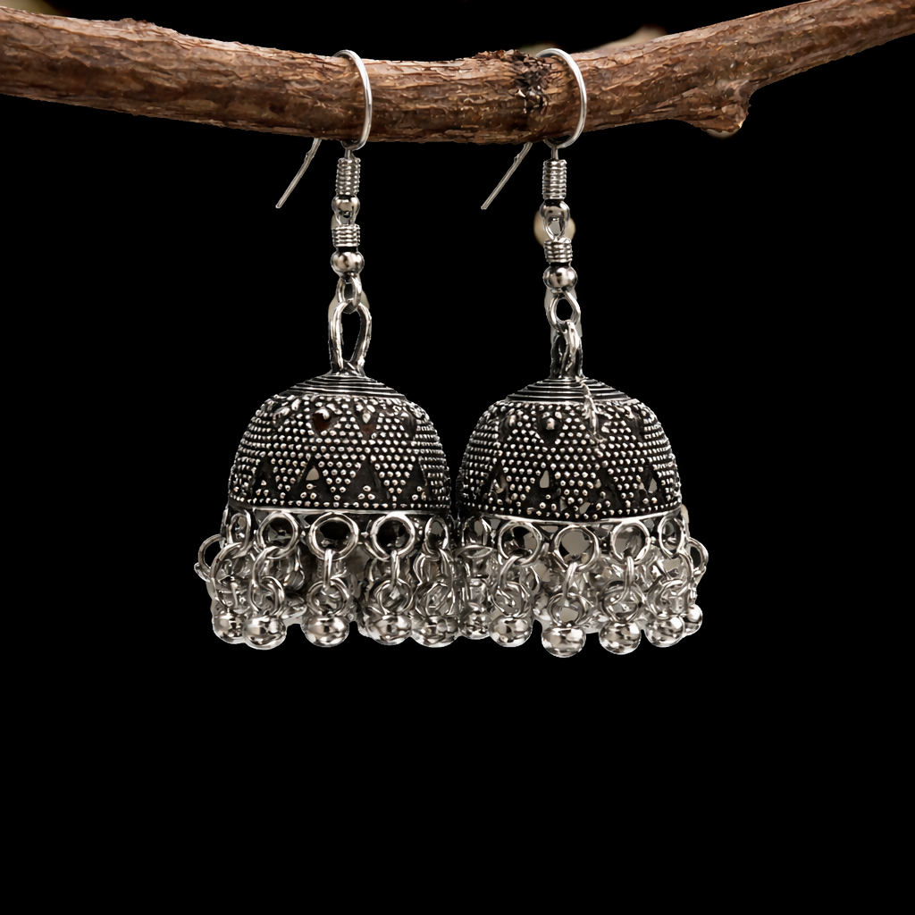 Oxidised silver hook jhumka earrings front view