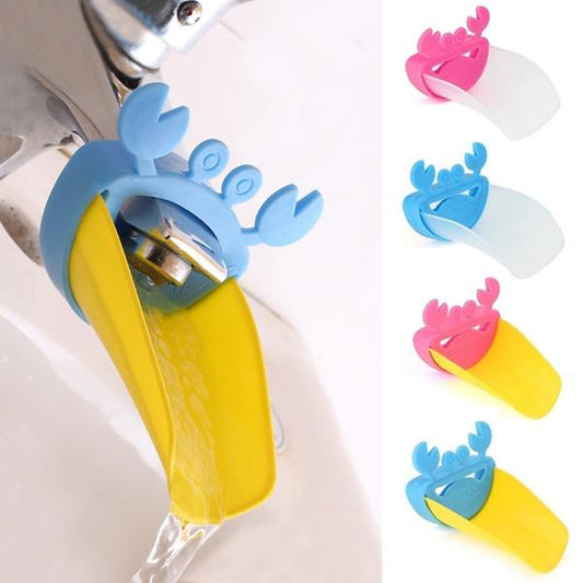 Silicone sink handle extender for children, installed on a faucet for easy access.