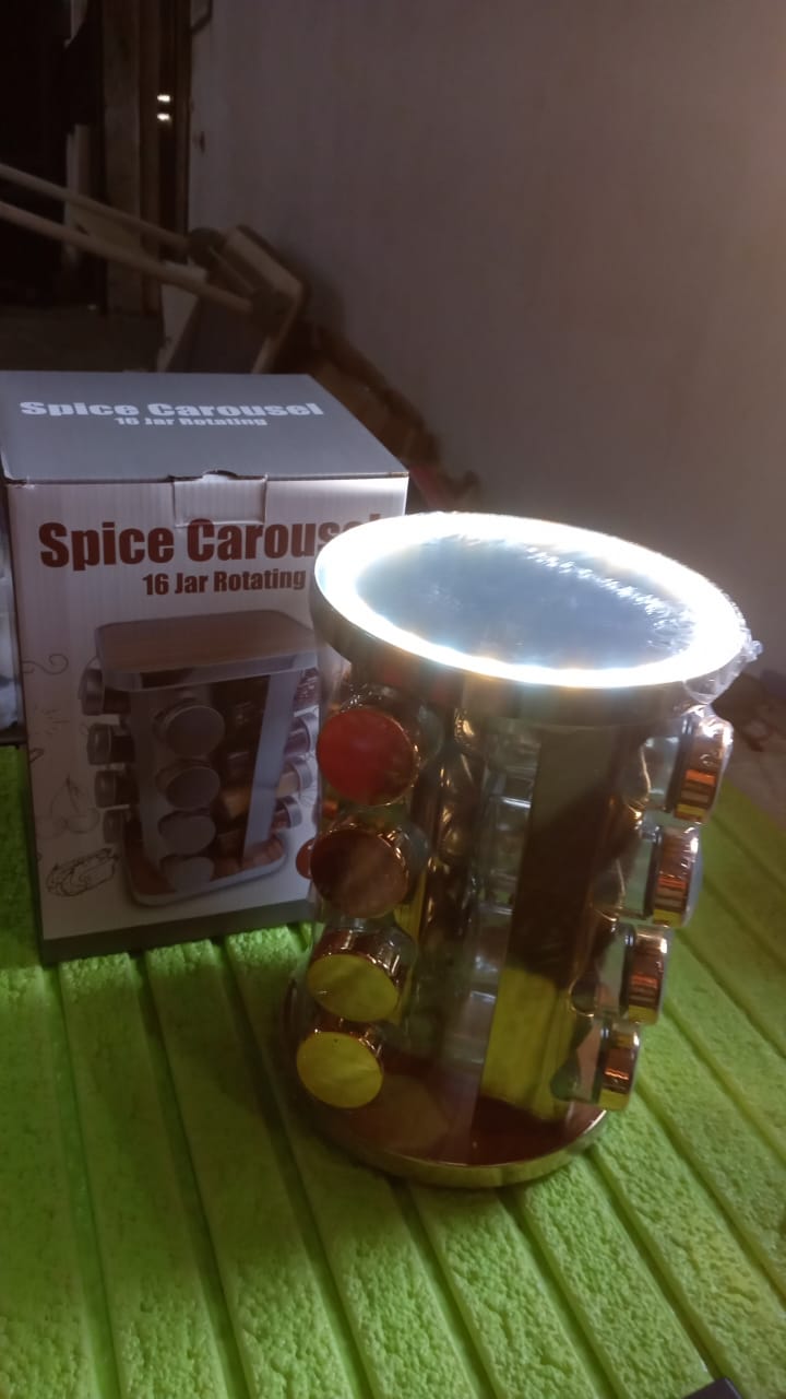 LED Spice Rack Organizer, Rotating Spice Rack  (Golden / 16 Pc / MOQ - 6 pc)