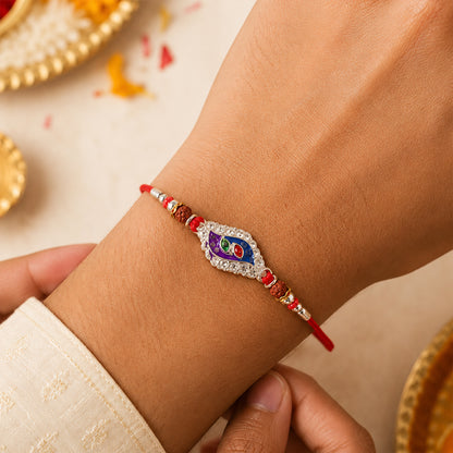 Morpich Enamel Rakhi with Silver Beads and Red Thread