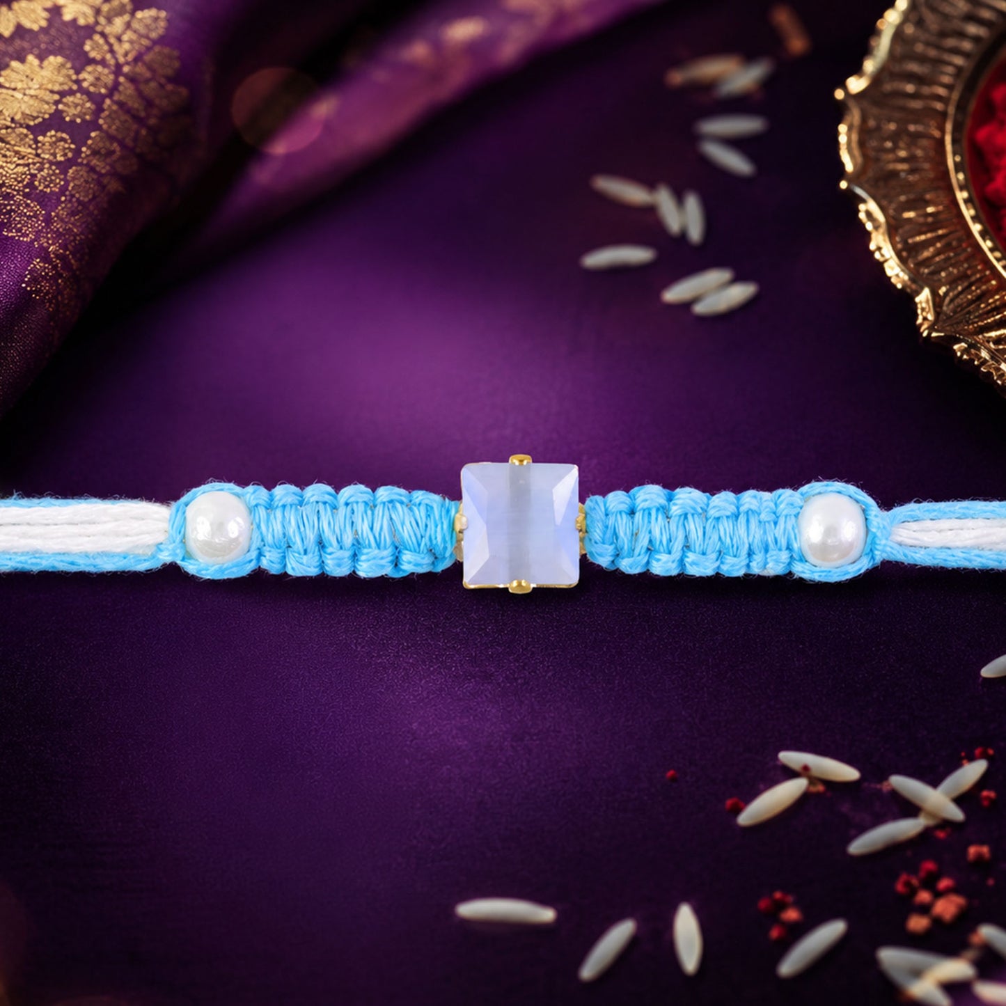 Blue Square Stone Macrame Rakhi with Pearl Beads, Silver Accents and Soft Thread