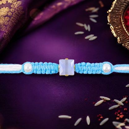 Blue Square Stone Macrame Rakhi with Pearl Beads, Silver Accents and Soft Thread