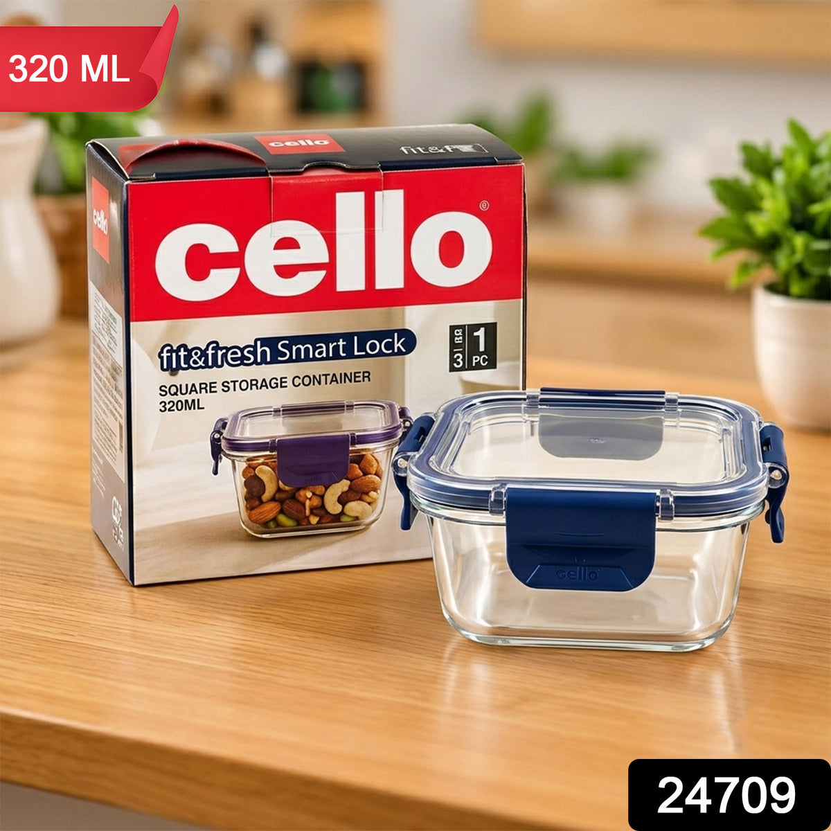 Cello 320ml Square Glass Food Storage Container with Smart Lock Lid (1 Pc, 320 ML)