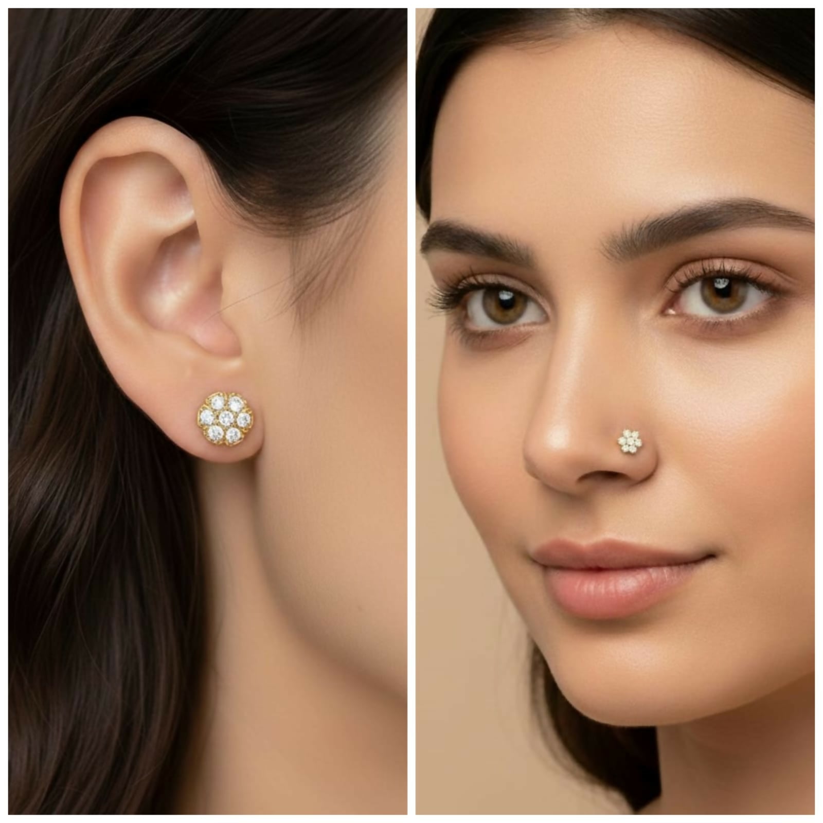 Gold plated floral crystal nosepin stud worn as a stylish nose accessory