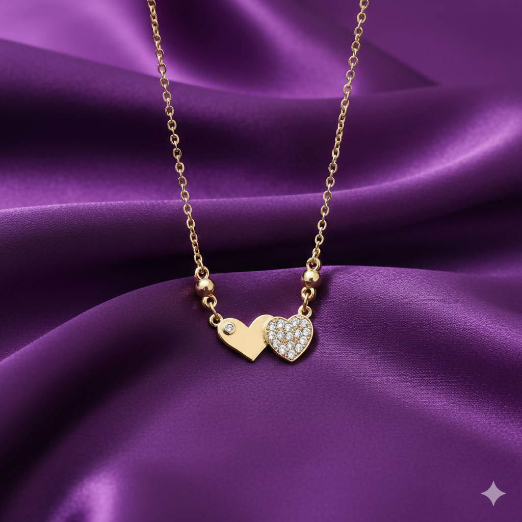 Gold Plated Double Heart Necklace with one smooth gold heart and one CZ-studded heart pendant