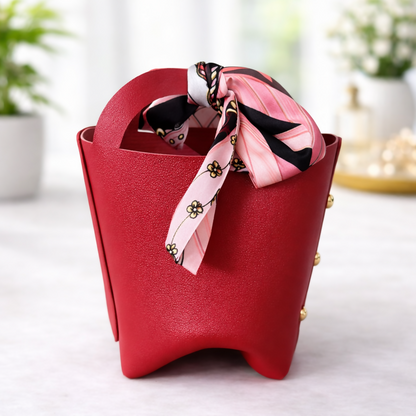 Mini Red Handbag with Printed Scarf | Stylish Bucket Purse for Women