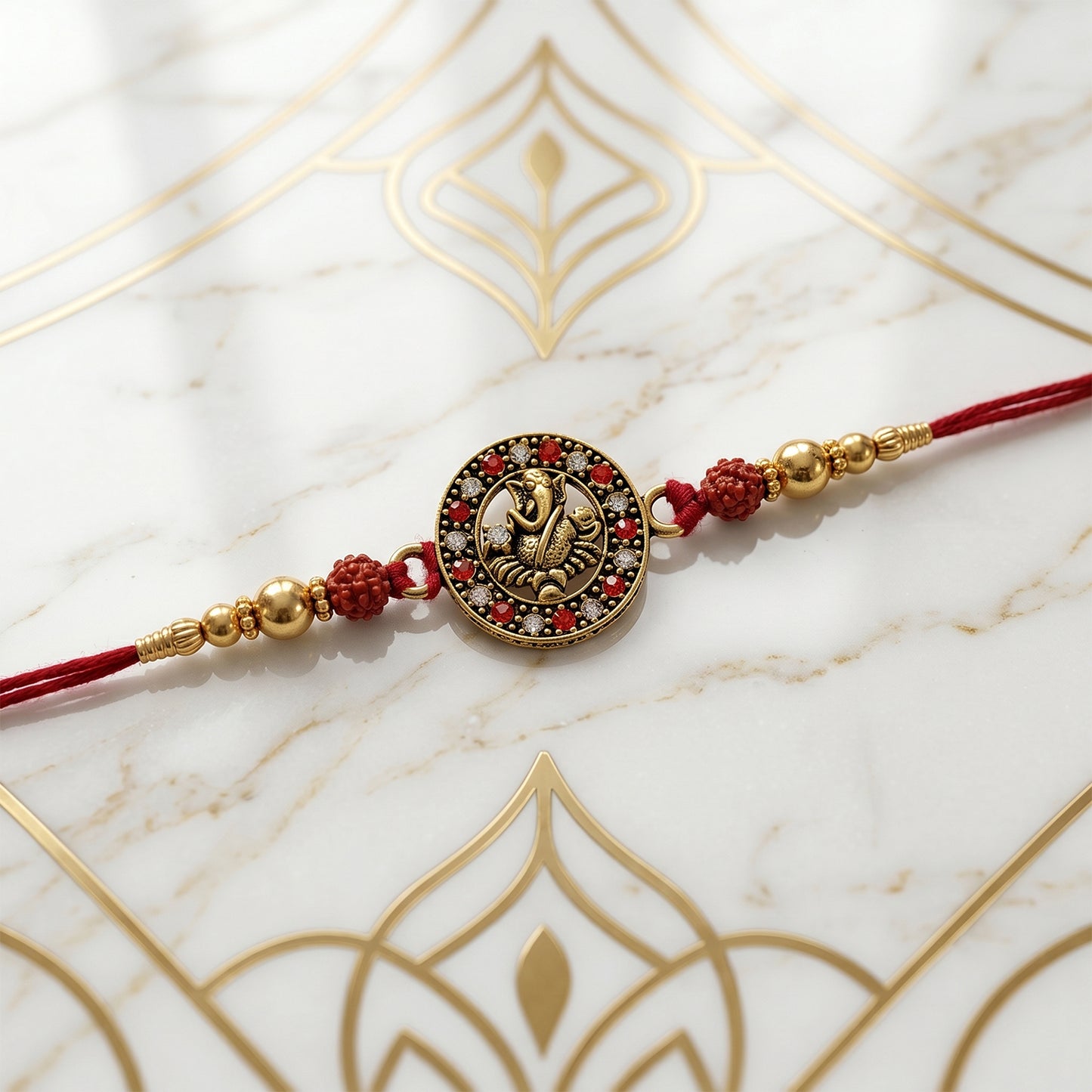 Golden Ganesh Rakhi for Boys with Red Thread and Rudraksha Beads