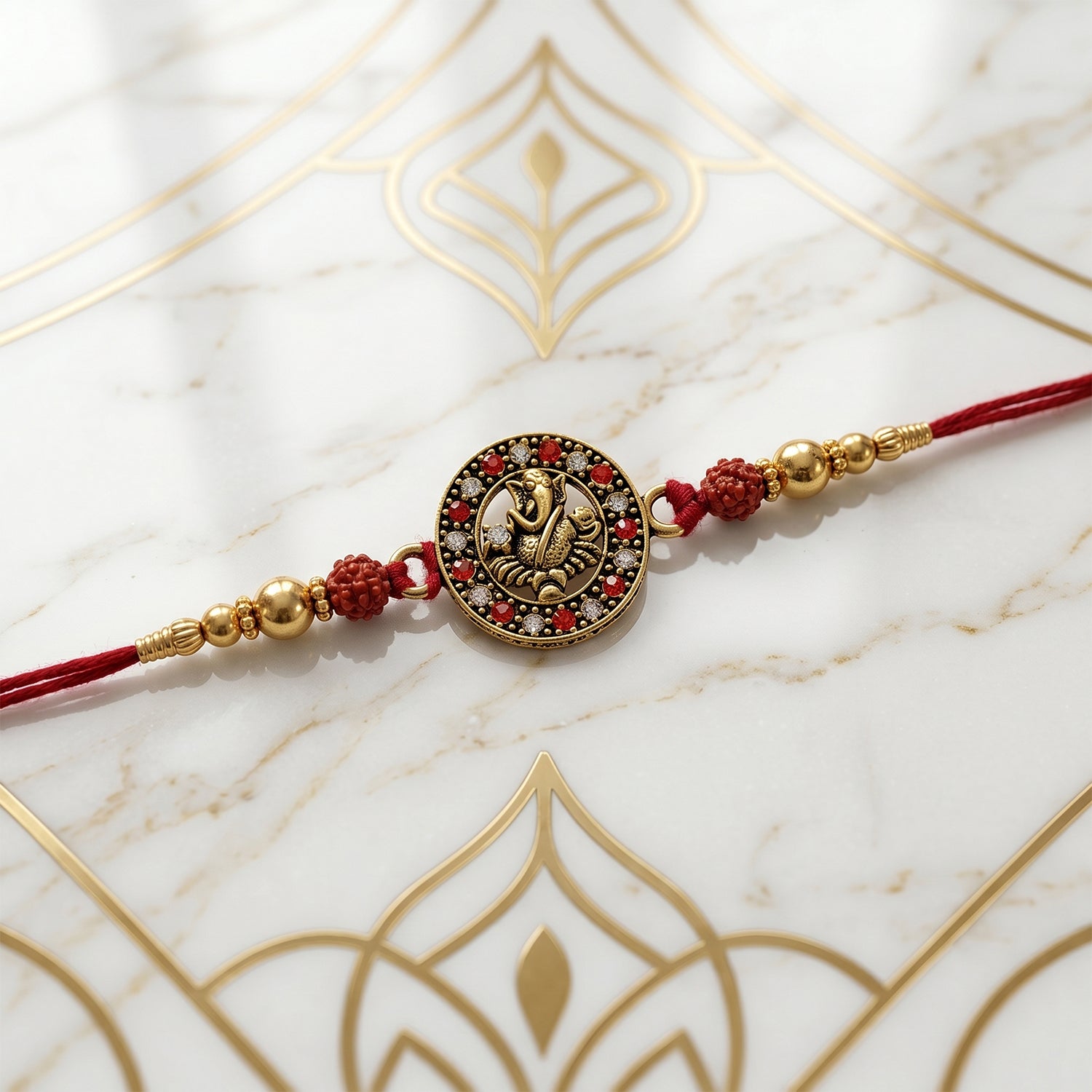 Golden Ganesh Rakhi for Boys with Red Thread and Rudraksha Beads