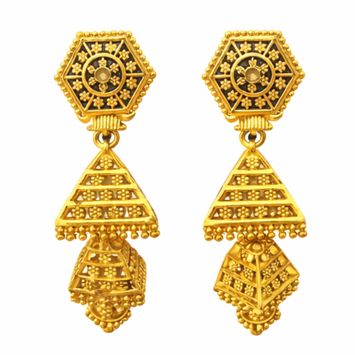 Close-up of ethnic jhumka earrings showcasing detailed pyramid-shaped danglers