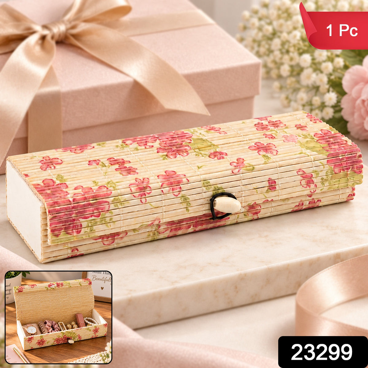Decorative Wooden Gift Box with Roll Top Lid Floral Design (1 Pc)