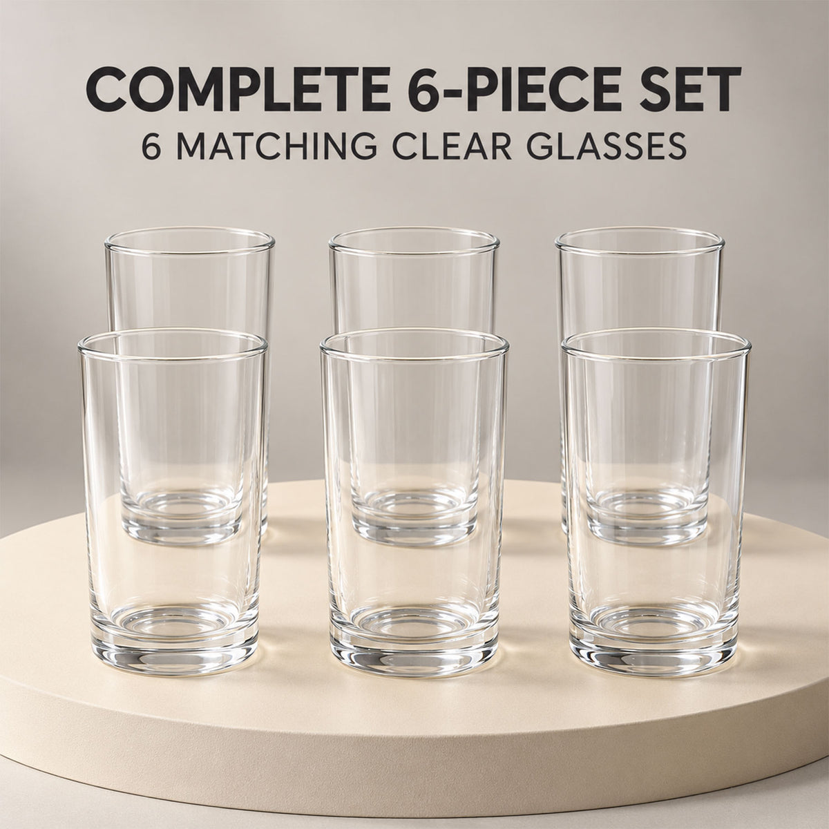 Clear Drinking Glass Tumblers with Smooth Rims and Thick Bases (240 ml, 6 Pc)