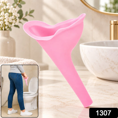 A small inset shows a woman using a pink urination funnel while standing over a toilet, overlaid on the main image of the