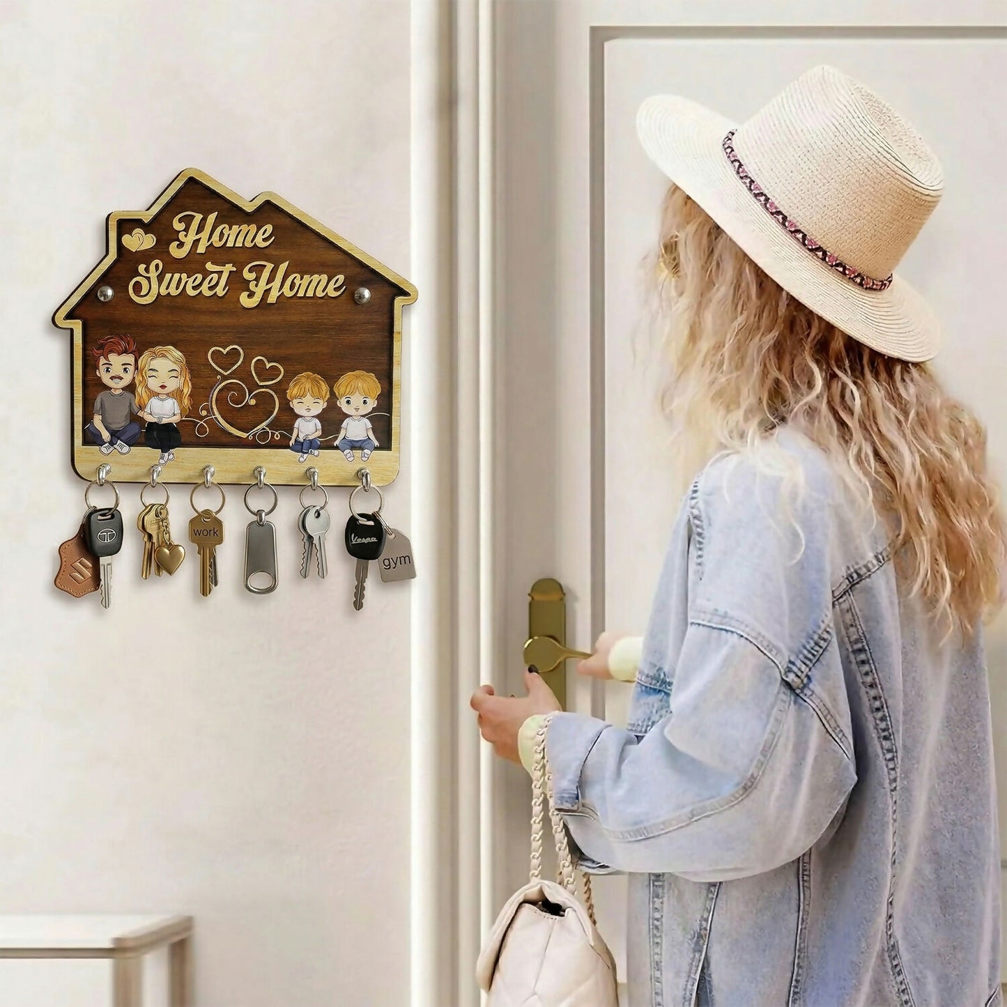 Home Sweet Home Wooden Key Holder with 5 Hooks Decorative Wall Key Stand for Home