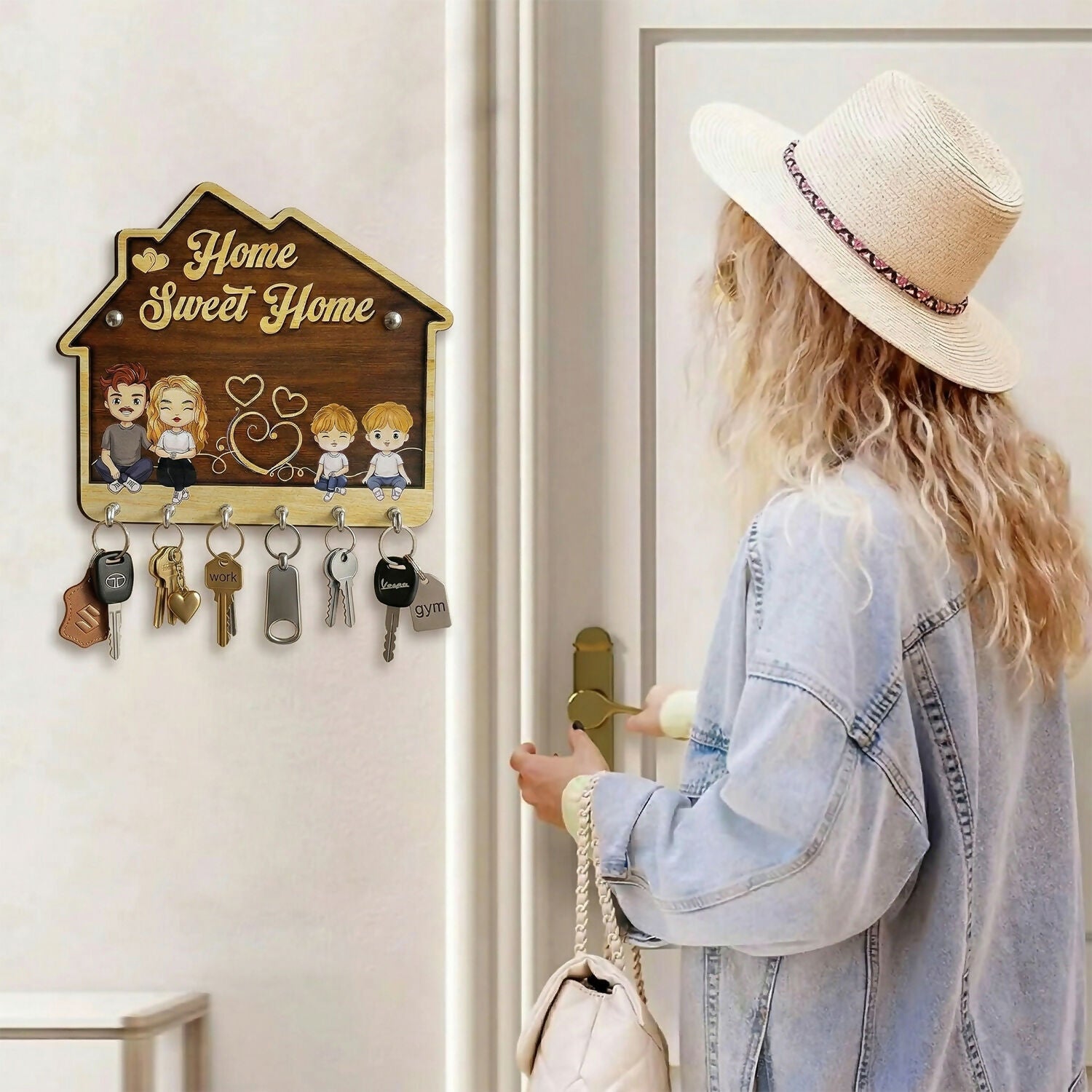 Home Sweet Home Wooden Key Holder with 5 Hooks Decorative Wall Key Stand for Home