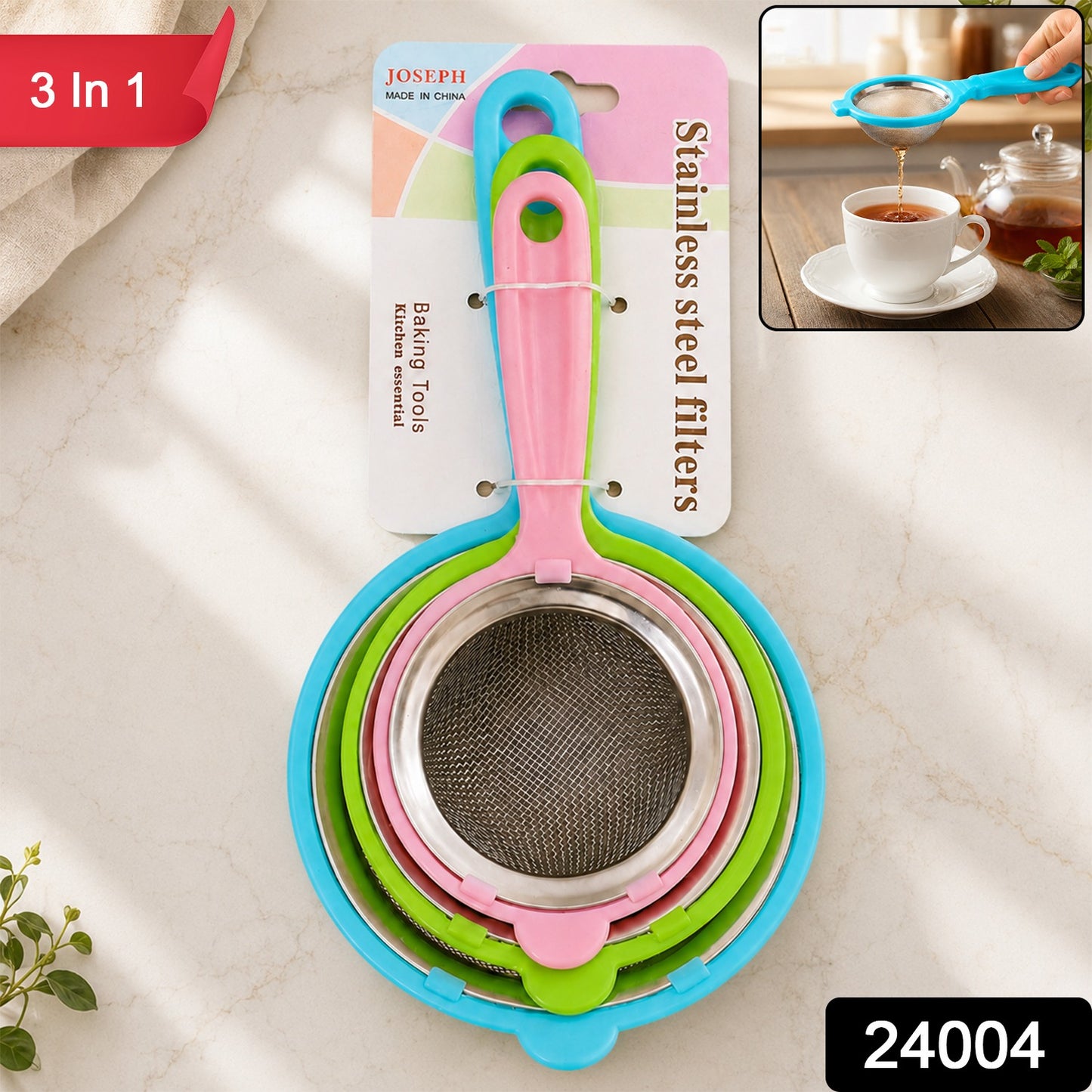 3 in 1 Mesh Strainer Set with Long Handles for Kitchen Use (3 Pc)