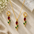 Ruby Red Crystal Necklace Set – Floral Pendant Earrings for Women