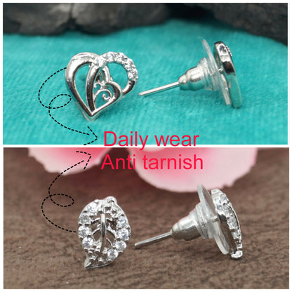 Silver-plated leaf-shaped stud earrings adorned with sparkling CZ stones