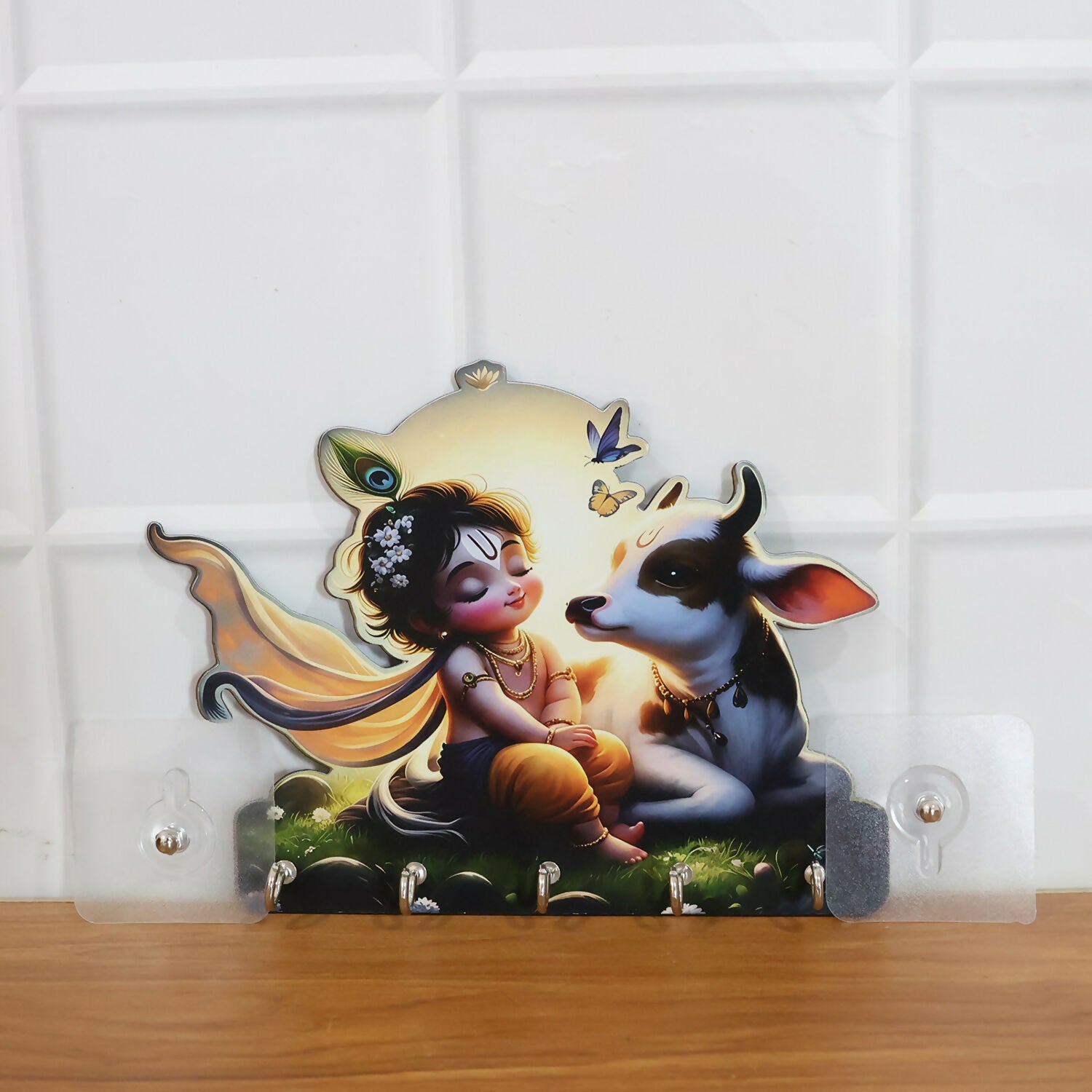 Decorative Krishna Cow Design Wall Key Holder with 5 Hooks – No Drilling Required