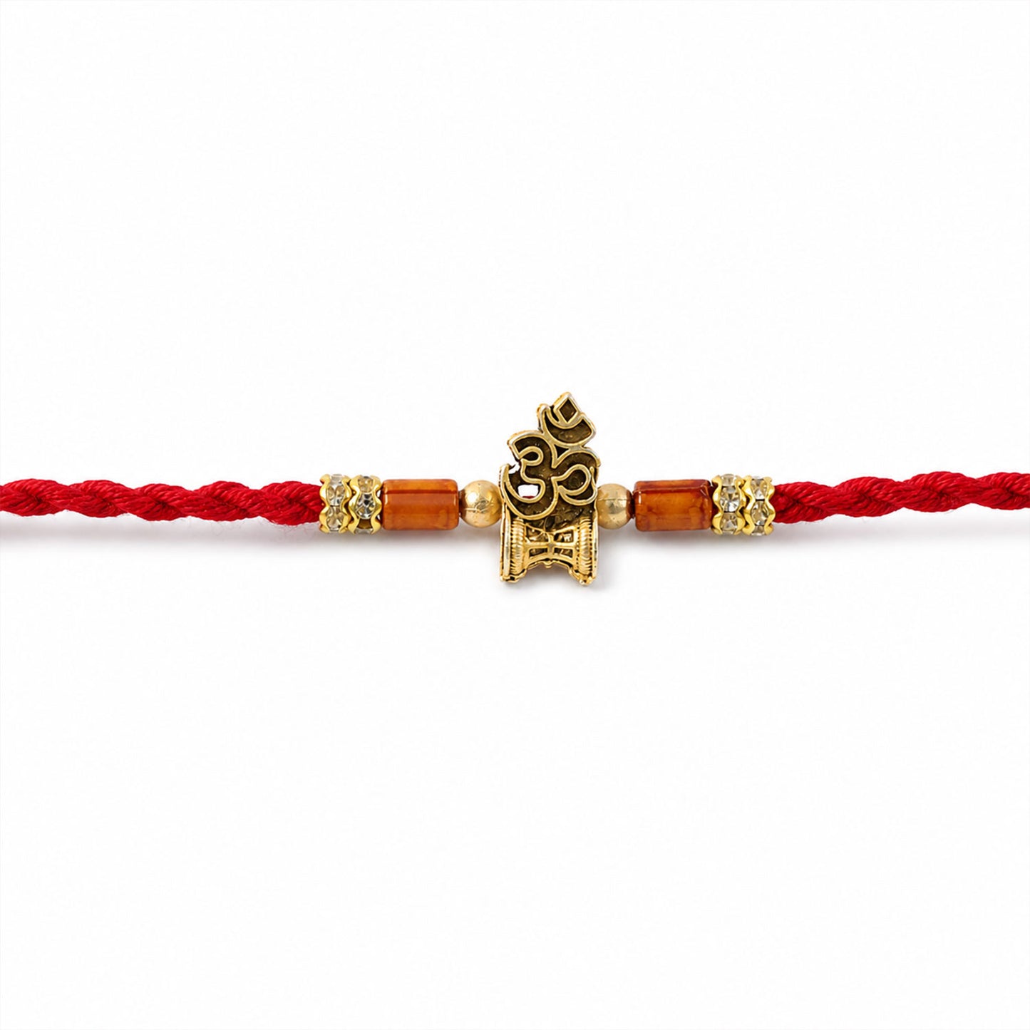 Red Braided Rakhi with Golden Om Pendant and Warm Amber Beads