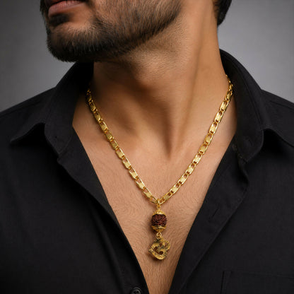 Close-up of Rudraksha bead and Om charm on gold finish pendant chain