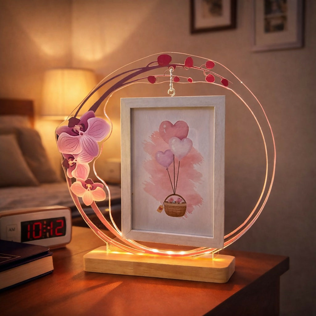 LED Photo Frame Lamp with Floral Design Decorative Night Light