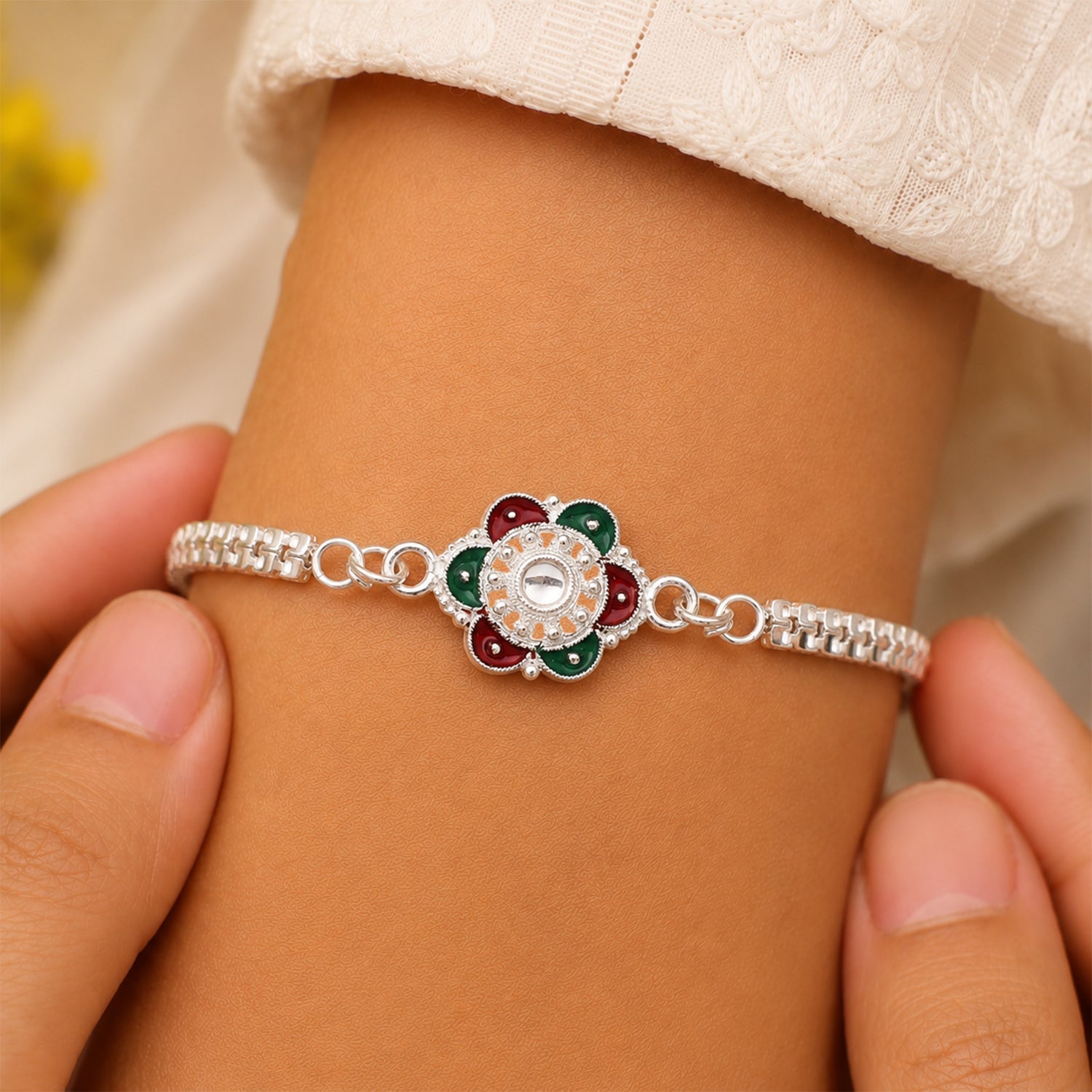 Buy Flower Rakhi for Brothers Silver Finish Mirror Stone (5pcs)
