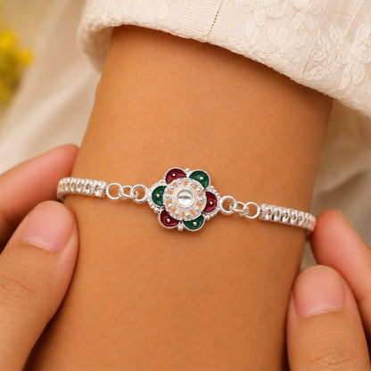 Buy Flower Rakhi for Brothers Silver Finish Mirror Stone (5pcs)