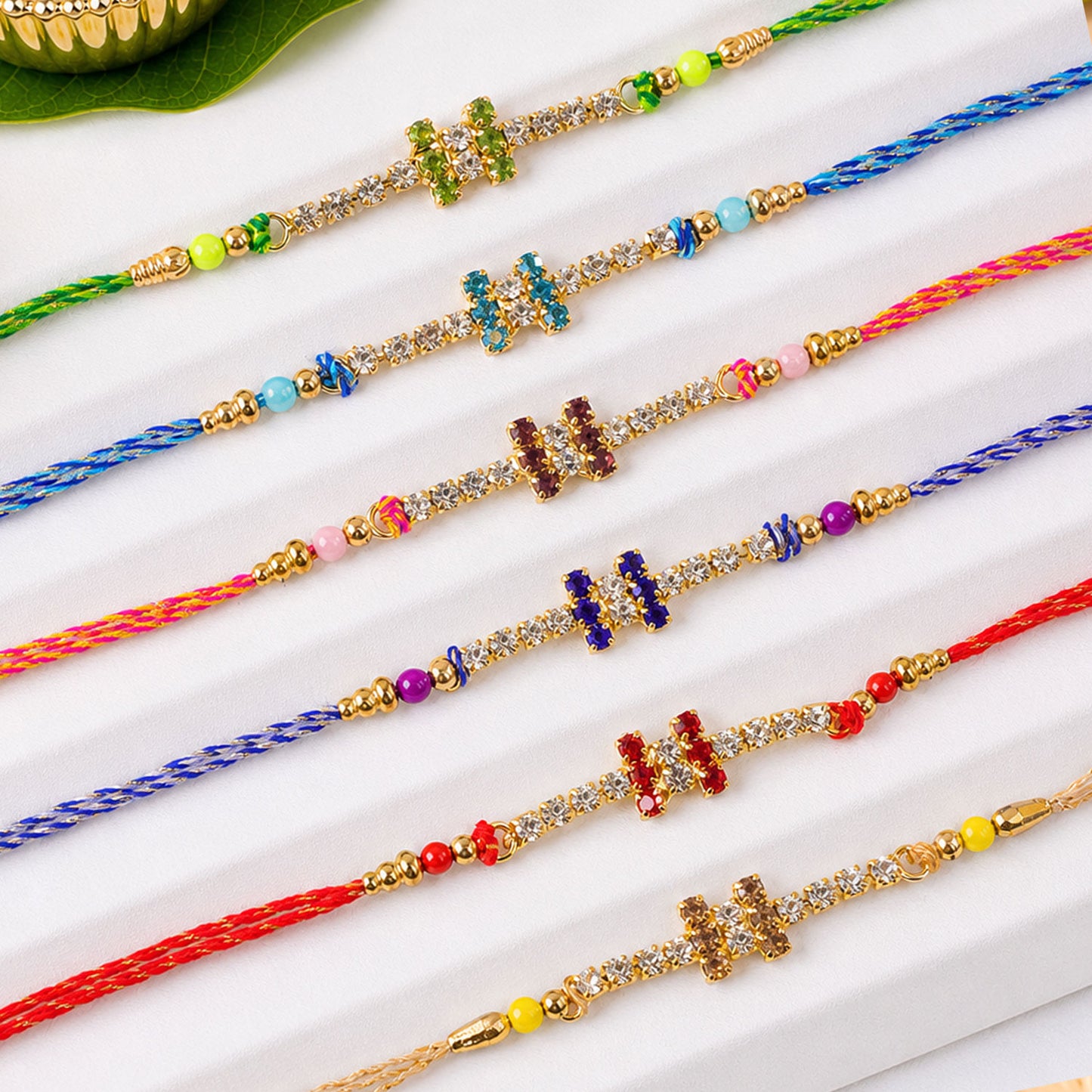 Compact Twin Bar Stone Rakhi in Mix Colour Threads (Pack of 6)